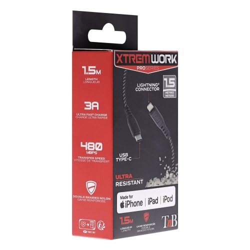 T'NB TNB XTREMWORK USB/USB-C 1.5m Cable Black/Grey – Image 2