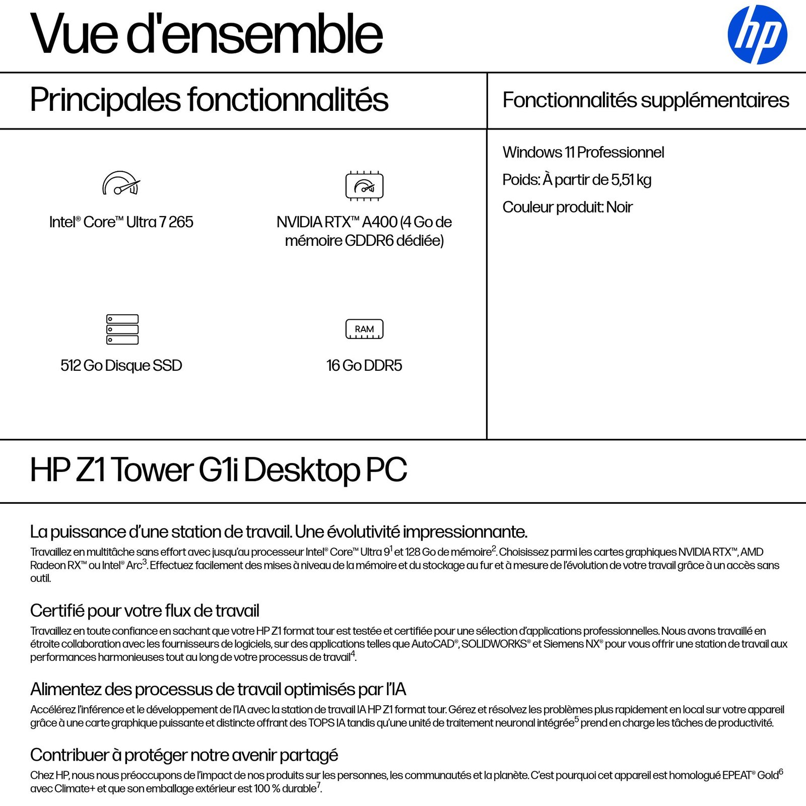 HP INC. HP Z1 G1i Intel Core Ultra 7 265 16Go 512To SSD NVIDIA RTX A400 4Go W11P 3/3/3 Smartbuy – Image 3