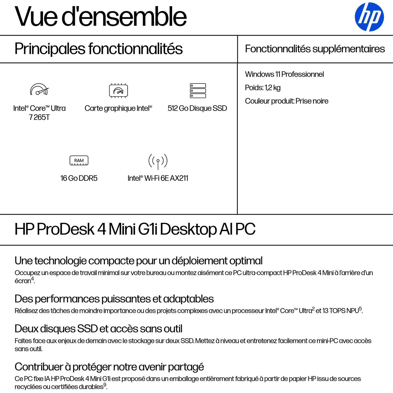 HP INC. HP Pro Mini 400 G1i Intel Core Ultra 7 265T 16Go 512Go SSD UMA W11P 3/3/3 Smartbuy – Image 3