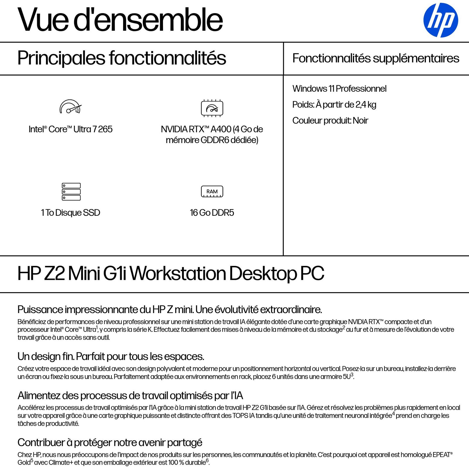 HP INC. HP Z2 Mini G1i Intel Core Ultra 7 265 16Go DDR5 1To SSD RTX A400 W11P 3/3/3 Wty – Image 3