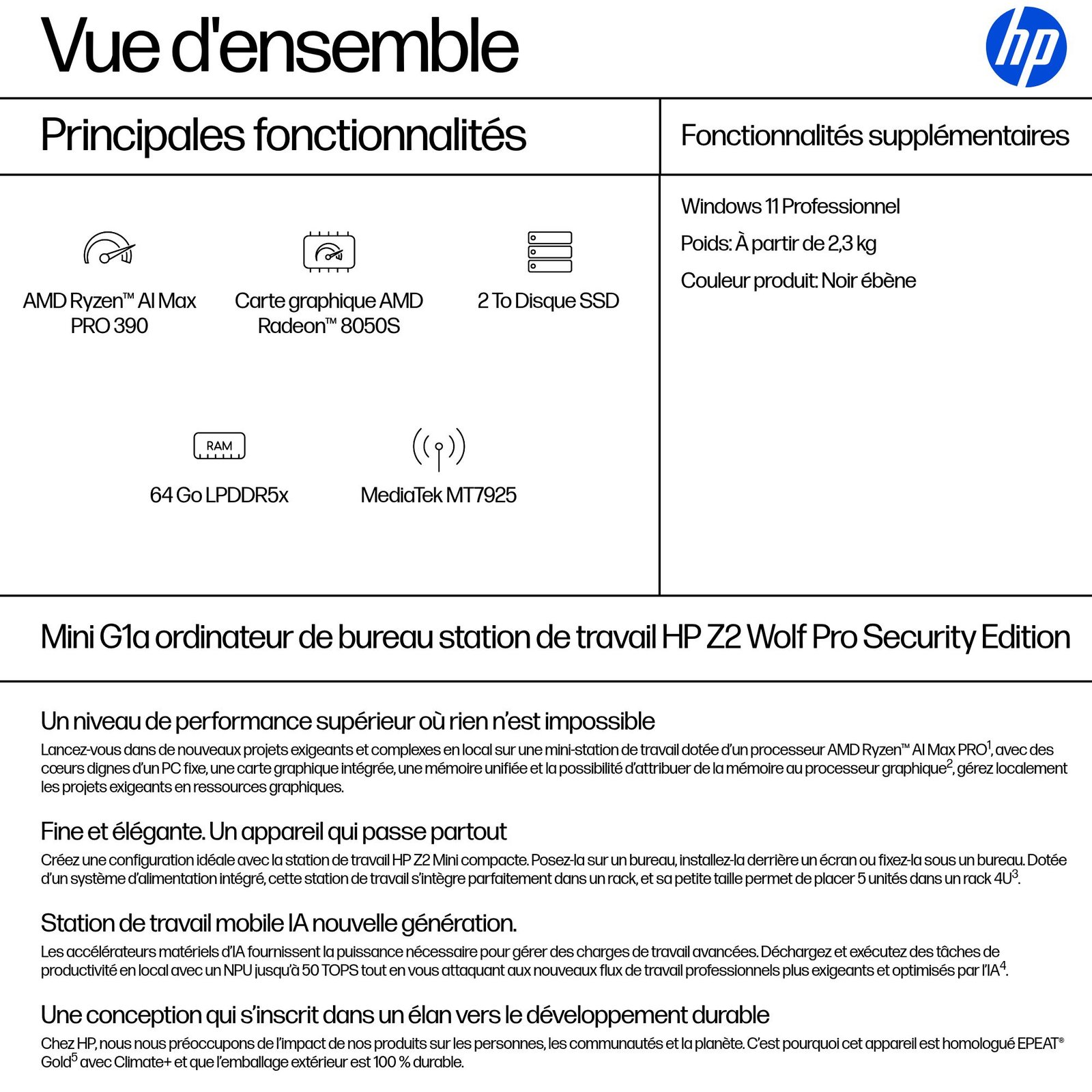 HP INC. HP Z2 Mini G1a AMD Ryzen AI Max PRO 390 64Go 2To SSD AMD Radeon 8050S W11P 3/3/3 – Image 3