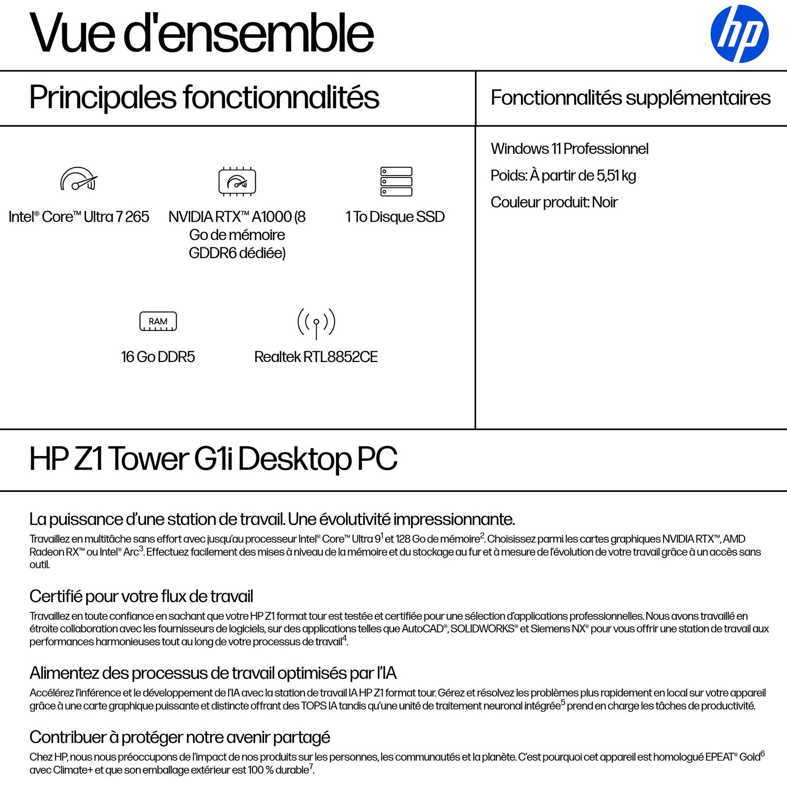 HP INC. HP Z1 G1i Intel Core Ultra 7 265 16Go 1To SSD NVIDIA RTX A1000 8Go W11P 3/3/3 Smartbuy – Image 3