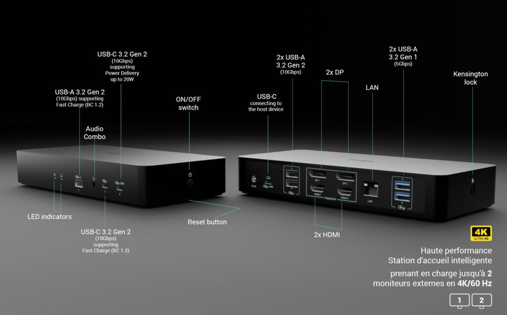 I-TEC Universal Intelligent Dual Display DS 2xHDMI 2xDP 1xGLAN 2xUSB-C Gen2 3xUSB-A Gen2 2xUSB-A Gen1 1xAudio/Mic PD100W KL – Image 2