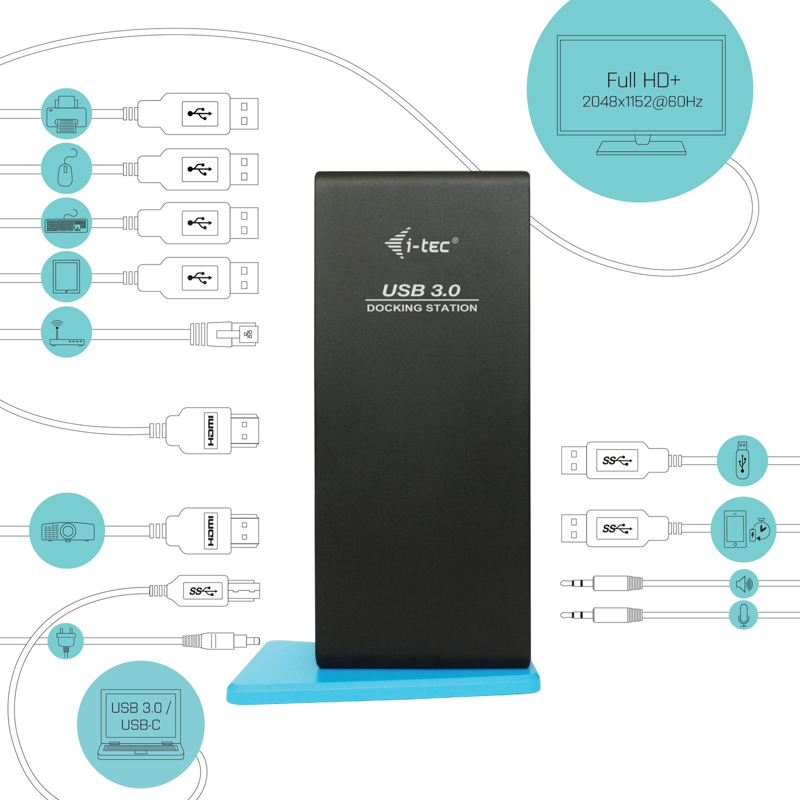 I-TEC USB 3.0/USB-C Dual HDMI Docking Station 2xHDMI 1xGLAN 2xUSB 3.0 4xUSB 2.0 1xAudio 1xMic – Image 3