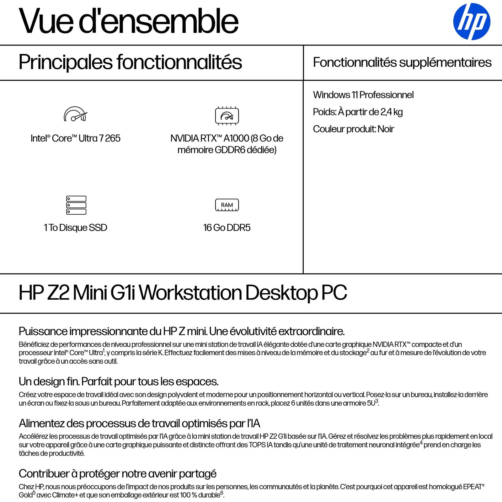 HP INC. HP Z2 Mini G1i Intel Core Ultra 7 265 16Go DDR5 1To SSD RTX A1000 W11P 3/3/3 Wty – Image 3