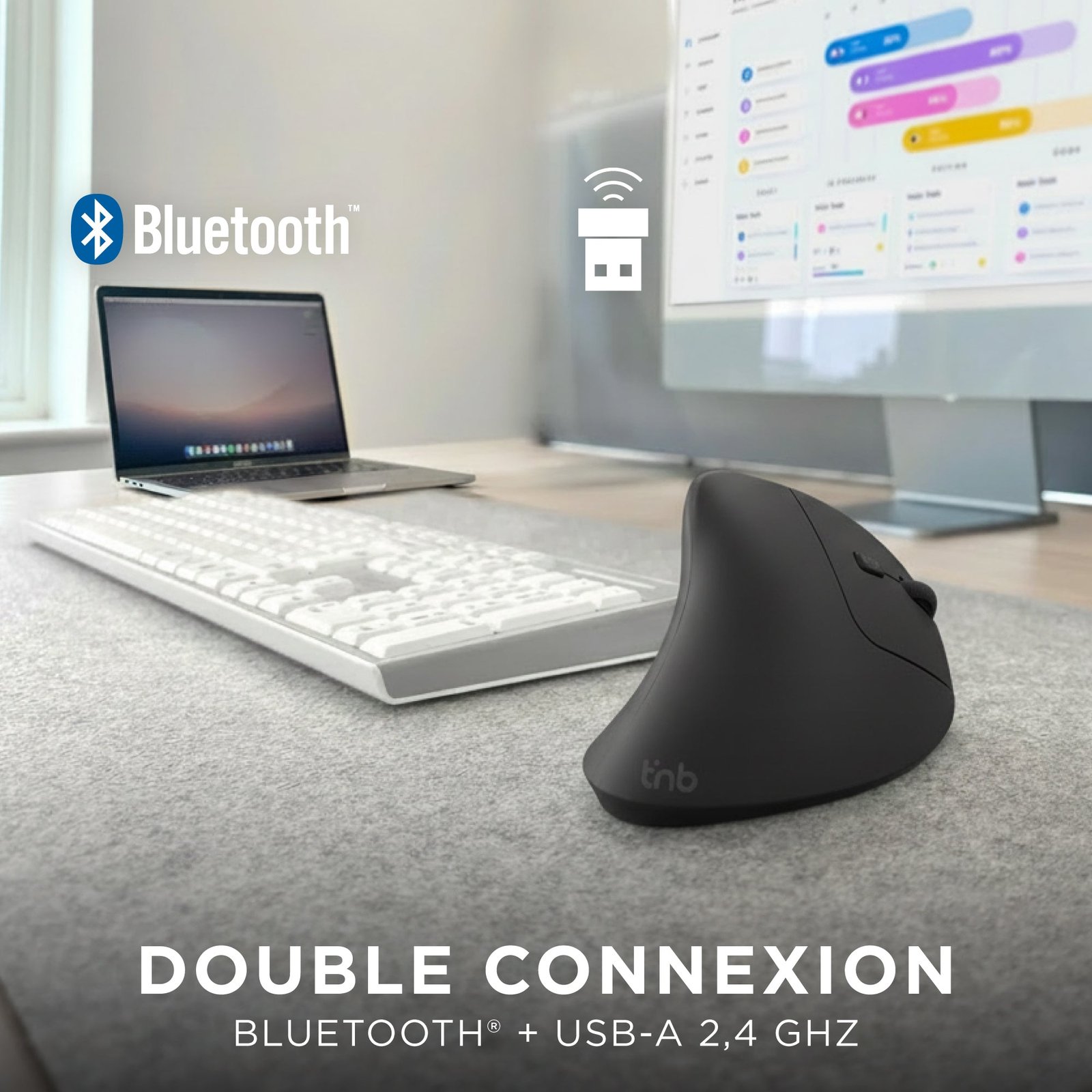 T'NB TNB ERGO - Souris sans fil ergonomique verticale ultra légère Bluetooth + USB-A 2.4 GHz - noir – Image 2