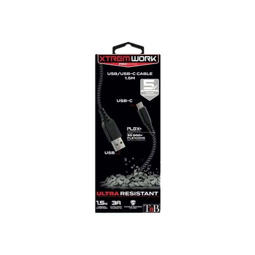 T'NB TNB XTREMWORK USB/USB-C 1.5m Cable Black/Grey – Image 3