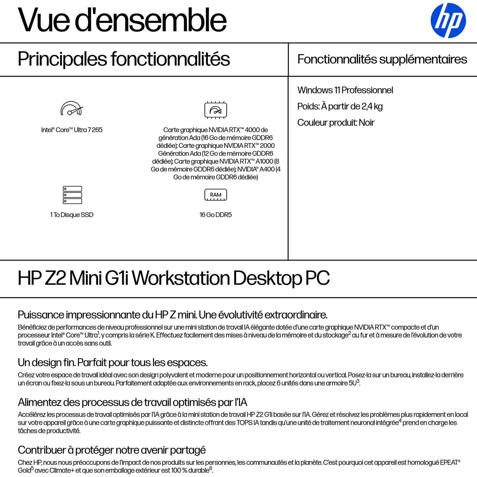 HP INC. HP Z2 Mini G1i Intel Core Ultra 7 265 16Go DDR5 1To SSD W11P 3/3/3 Wty – Image 3